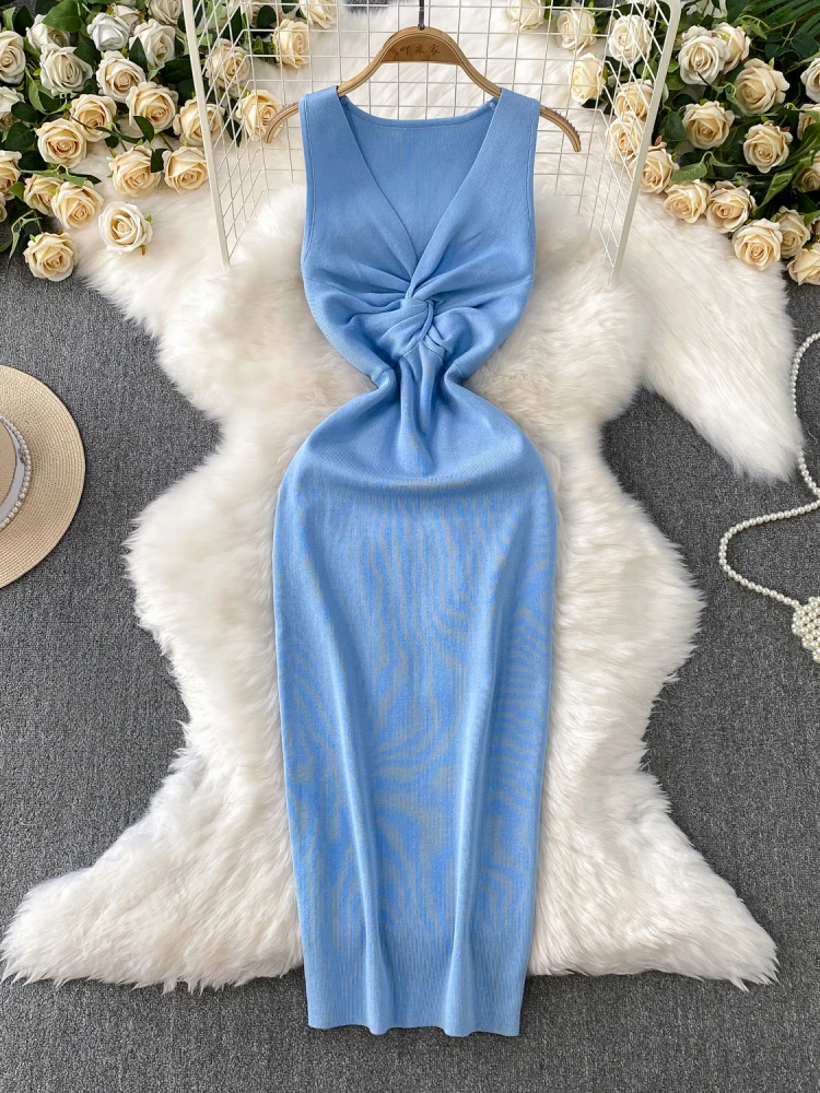 women summer slim v neck knot knitted bodycon tank long dress casual party sheath dresses elegant stretch tunic club vestidos
women summer slim v neck knot knitted bodycon tank long dress casual party sheath dresses elegant stretch tunic club vestidos