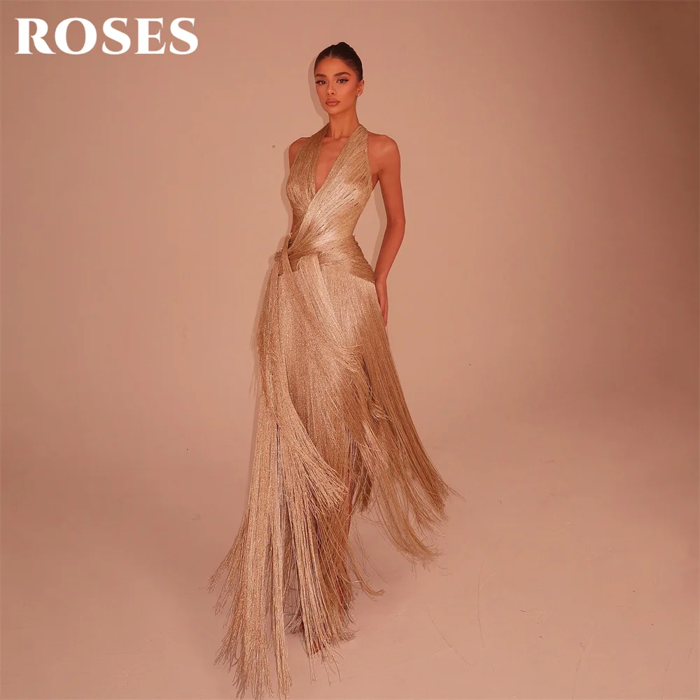 ROSES Champagne Party Dresses Halter Neck Sleeveless Evening Dresses with Tassel A Line فساتين السهرة for Wedding Customized
ROSES Champagne Party Dresses Halter Neck Sleeveless Evening Dresses with Tassel A Line فساتين السهرة for Wedding Customized