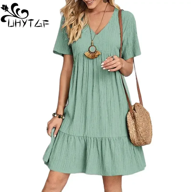 Summer Womens Short Sleeve Mini Dress Ladies Pleated Ruffle Solid Dresses Female Casual V Neck Vintage Loose Vestidos 2995
Summer Womens Short Sleeve Mini Dress Ladies Pleated Ruffle Solid Dresses Female Casual V Neck Vintage Loose Vestidos 2995