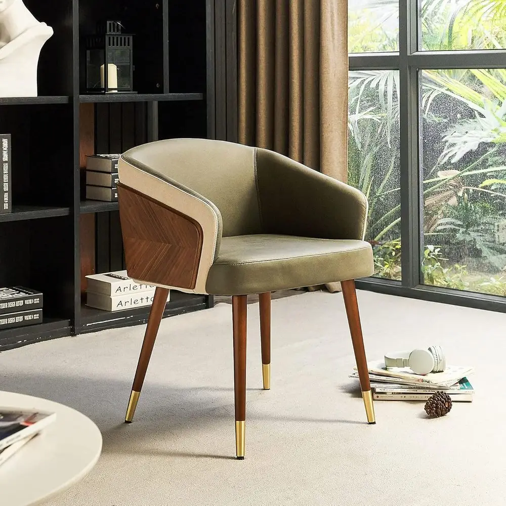 Mid-Century Leather Dining Chairs with Walnut Legs, Army Green, Adjustable Feet
Mid-Century Leather Dining Chairs with Walnut Legs, Army Green, Adjustable Feet