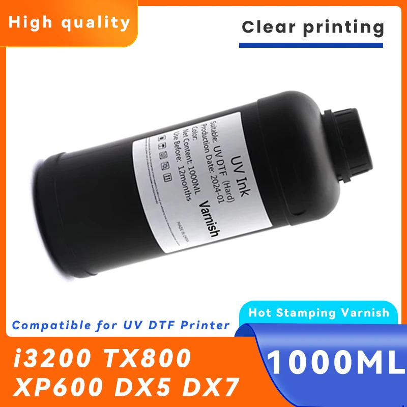 UV DTF Gloss Hot Stamping Varnish 1000ML for Printhead i3200 TX800 XP600 L800 L1800 L805 DX4 DX5 DX6 DX7 DX10 Vr Varnish
UV DTF Gloss Hot Stamping Varnish 1000ML for Printhead i3200 TX800 XP600 L800 L1800 L805 DX4 DX5 DX6 DX7 DX10 Vr Varnish