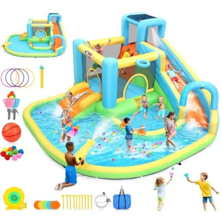 Bounce House Waterslide, 12.8x12FT 12-in-1 Bouncy Castle With Catch Ball Set, Toss Rings, Water Soaker Balls, Water Gun, Basket
Bounce House Waterslide, 12.8x12FT 12-in-1 Bouncy Castle With Catch Ball Set, Toss Rings, Water Soaker Balls, Water Gun, Basket
