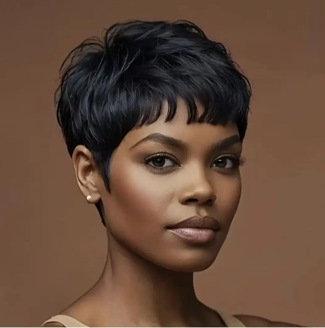 Synthetic short black hair wig Pixie cut wig for Bangs short Fak wig for women party wig short hair
Synthetic short black hair wig Pixie cut wig for Bangs short Fak wig for women party wig short hair