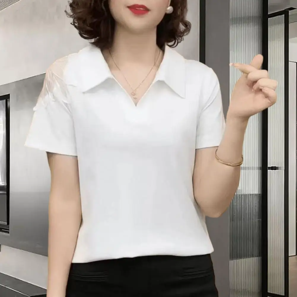 Comfortable Everyday Blouse Elegant Lace Splicing Women's Summer Tops Stylish Lapel Short Sleeve T-shirt Loose Fit for Women
Comfortable Everyday Blouse Elegant Lace Splicing Women's Summer Tops Stylish Lapel Short Sleeve T-shirt Loose Fit for Women