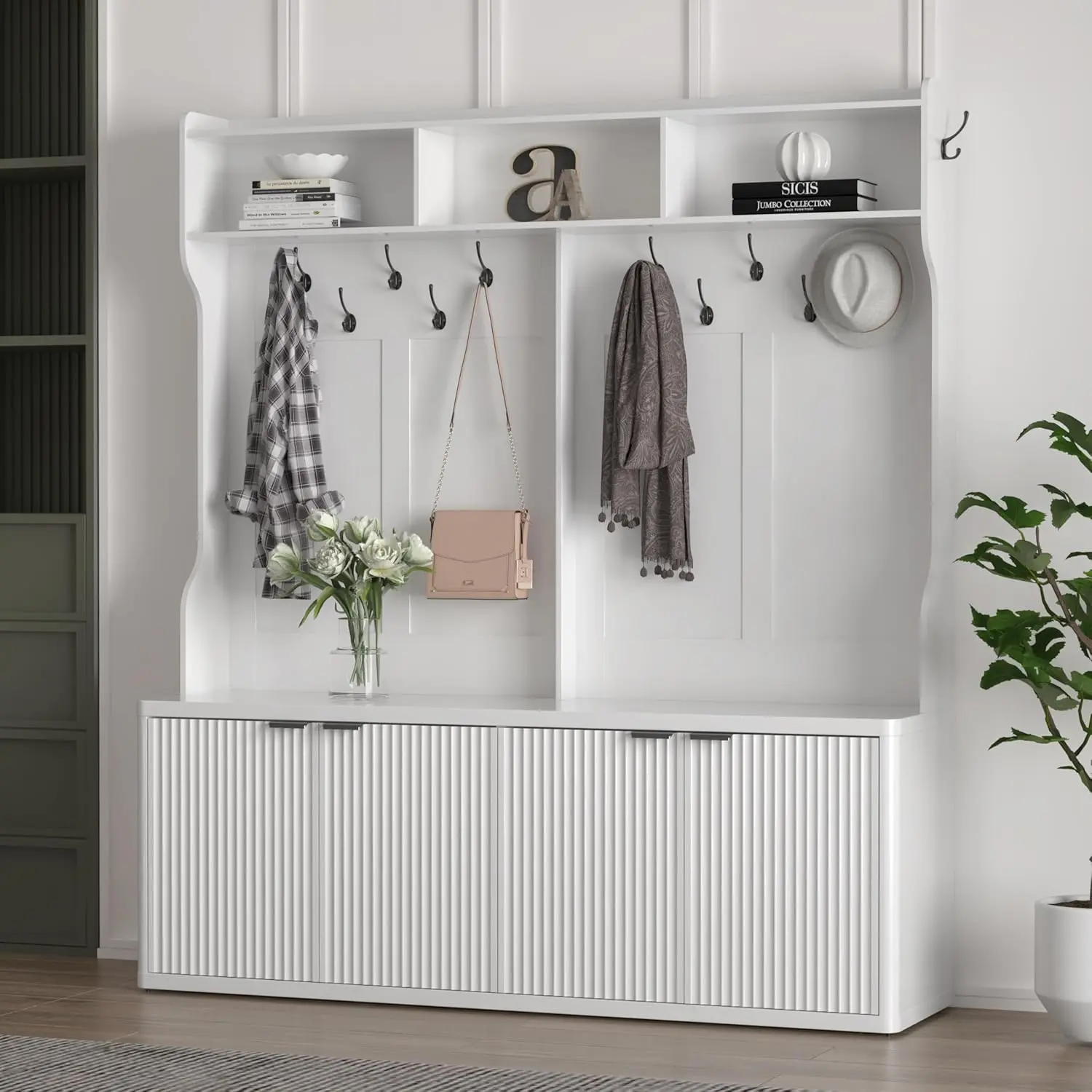 Hall Tree With Bench And Shoe Storage,60"" W Morden Fluted Entryway Coat Ra With Shoe Bench Cabinet, Entryway Furniture, White
Hall Tree With Bench And Shoe Storage,60"" W Morden Fluted Entryway Coat Ra With Shoe Bench Cabinet, Entryway Furniture, White