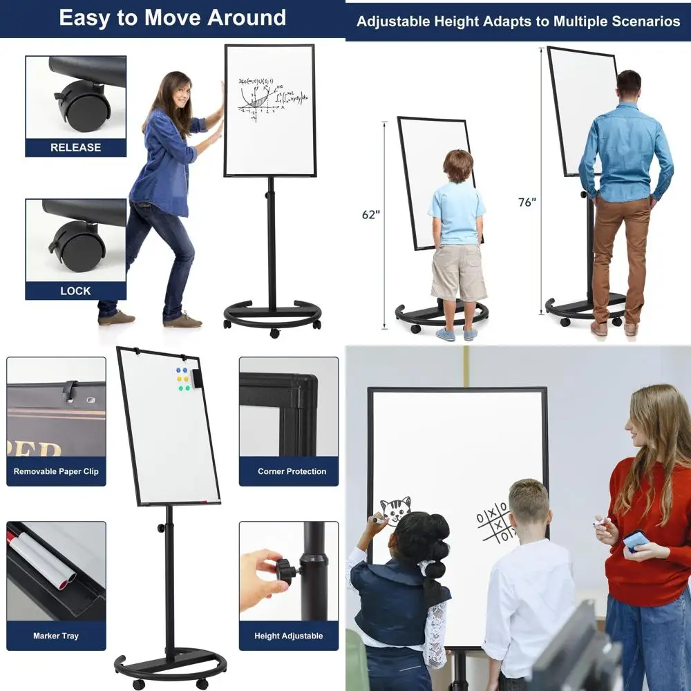 Adjustable Height Magnetic Whiteboard on Wheels, 36x24, Dry Erase, with Hooks, Black
Adjustable Height Magnetic Whiteboard on Wheels, 36x24, Dry Erase, with Hooks, Black