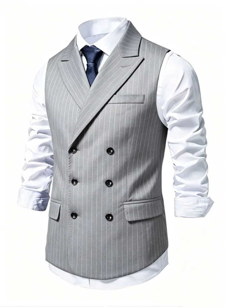 Mens Stylish Slim Fit Waistcoat Light Grey Pinstripe Design Double Breasted Elegant Vest Professional Look
Mens Stylish Slim Fit Waistcoat Light Grey Pinstripe Design Double Breasted Elegant Vest Professional Look