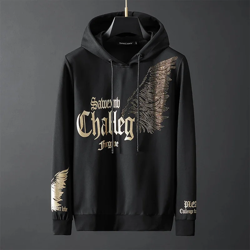 European high-end trend wings hot drill printed sweater for men in autumn and winter new handsome large casual hooded pullover
European high-end trend wings hot drill printed sweater for men in autumn and winter new handsome large casual hooded pullover