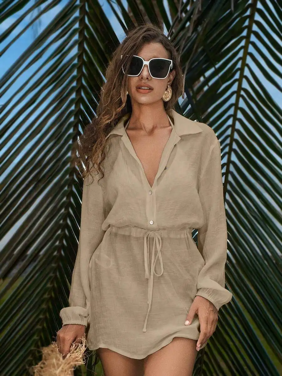 Womens Lightweight Beach Cover Up Dress With Lantern Sleeves Button Front Tie Waist
Womens Lightweight Beach Cover Up Dress With Lantern Sleeves Button Front Tie Waist