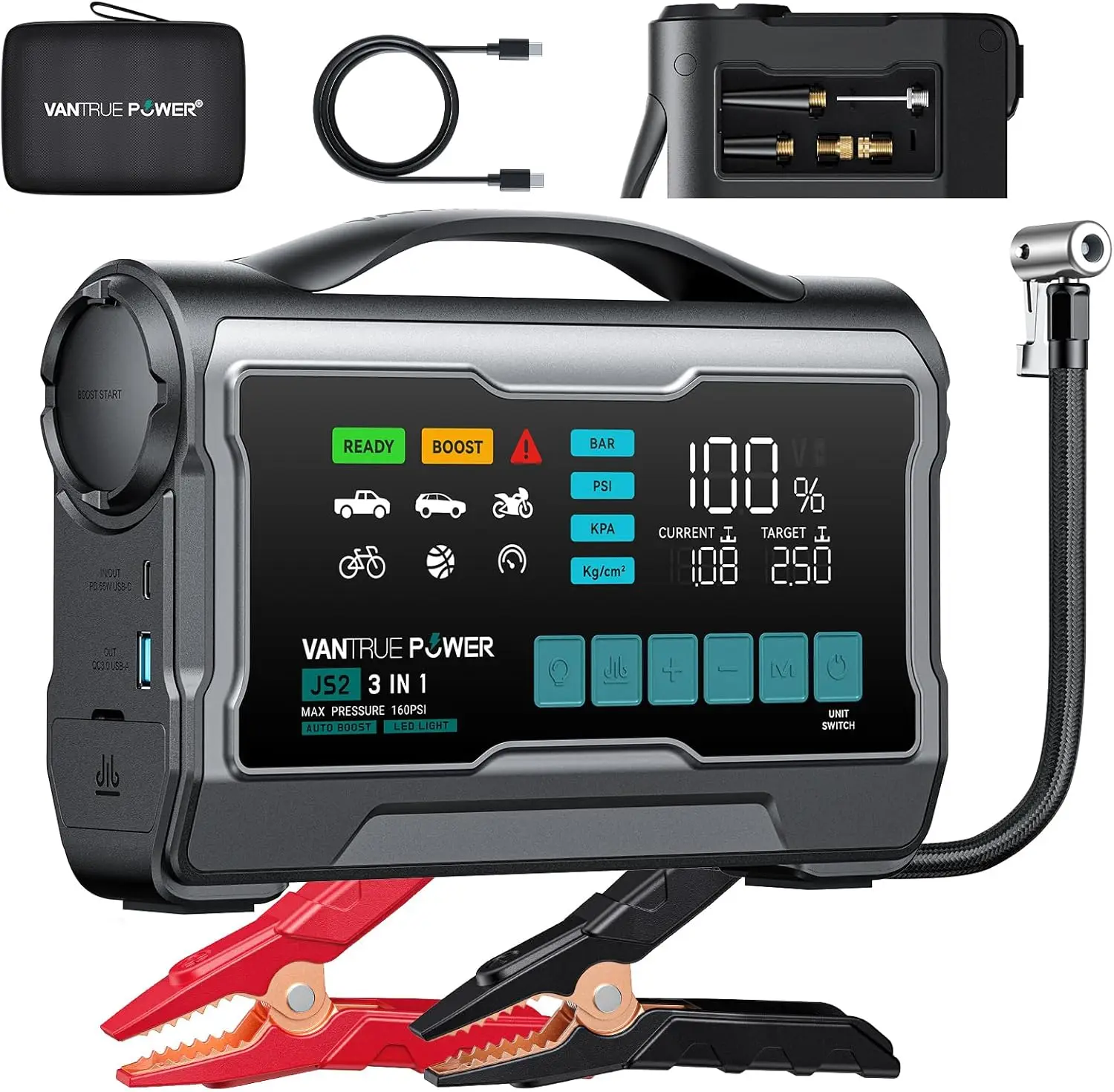 JS2 2500A Jump Starter with 160PSI Air Compressor 12V Car Battery Booster with 9 Large Display 65W Charging Power Bank Nozzles
JS2 2500A Jump Starter with 160PSI Air Compressor 12V Car Battery Booster with 9 Large Display 65W Charging Power Bank Nozzles