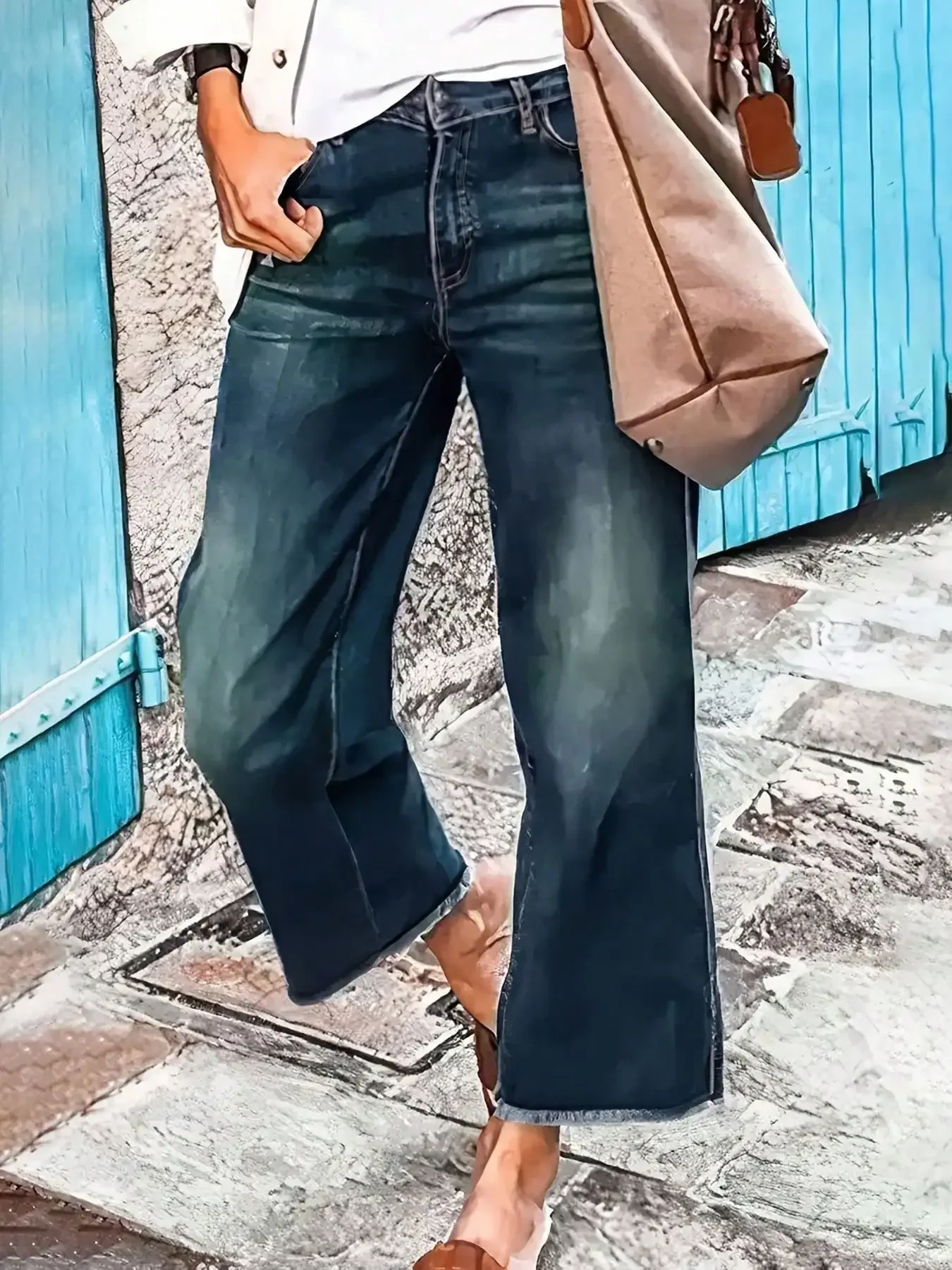 Women's High-Waisted Wide-Leg Denim Pants, Loose Fit, Distressed Hem, Casual Style
Women's High-Waisted Wide-Leg Denim Pants, Loose Fit, Distressed Hem, Casual Style