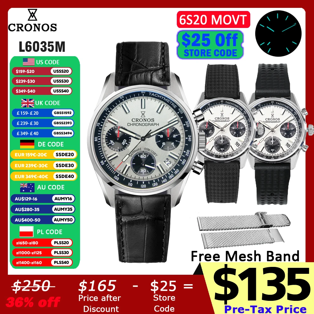 Cronos Chronograph Quartz Men Watch Miyota S620 Black&White Panda Dial Sapphire 10 ATM Tachymetre Leather Strap
Cronos Chronograph Quartz Men Watch Miyota S620 Black&White Panda Dial Sapphire 10 ATM Tachymetre Leather Strap