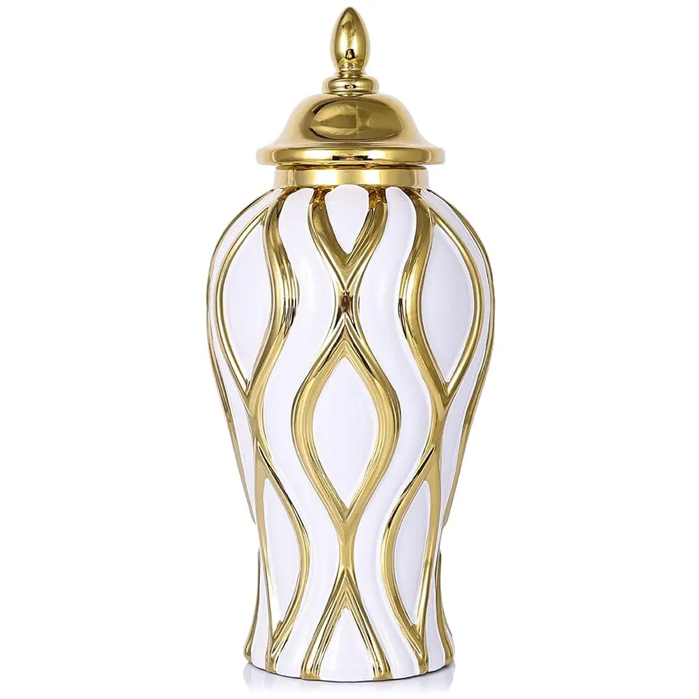 16.8"" White And Gold Luxury Ceramic Ginger Jar With Vase Lid - Modern Geometry Ginger Jar Decorative Vase For Home Decor,
16.8"" White And Gold Luxury Ceramic Ginger Jar With Vase Lid - Modern Geometry Ginger Jar Decorative Vase For Home Decor,