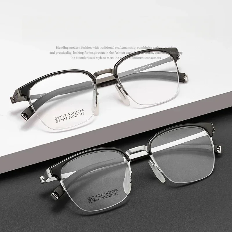 Деловые мужские сверхлегкие гибкие очки в полуоправе из чистого титана TR90, оптическая оправа по рецепту C8817, настраиваемые линзы
Деловые мужские сверхлегкие гибкие очки в полуоправе из чистого титана TR90, оптическая оправа по рецепту C8817, настраиваемые линзы