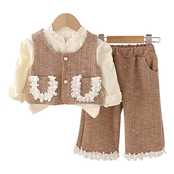 Girl Spring Autumn Clothing Set Kids Stylish Floral Lace Double Pocket Blouse Vest and Pants 3 Piece Outfit Children Casual Wear