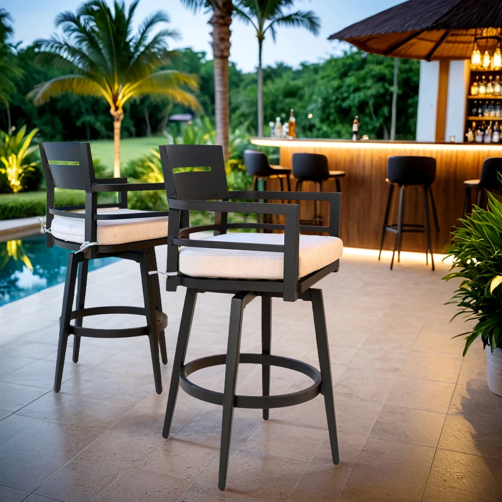 Modern Outdoor 2-Piece Swivel Bar Chairs – Aluminum Frame with Ember Black, 360° Swivel, Ergonomic Backrest & Armrests, Tapered
Modern Outdoor 2-Piece Swivel Bar Chairs – Aluminum Frame with Ember Black, 360° Swivel, Ergonomic Backrest & Armrests, Tapered