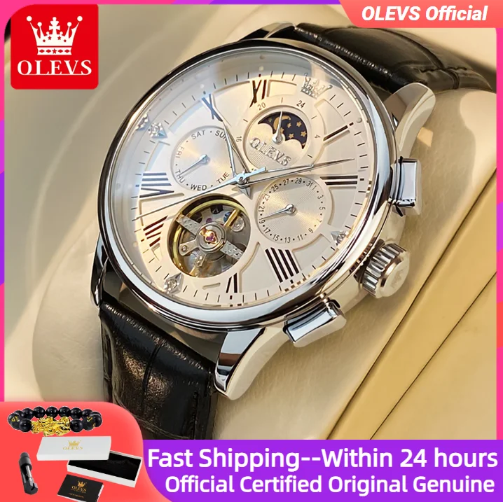 OLEVS Luxury Moon Phase Watch Men Stainless steel Leather Strap Waterproof Skeleton Automatic Mechanical Wristwatch for Men
OLEVS Luxury Moon Phase Watch Men Stainless steel Leather Strap Waterproof Skeleton Automatic Mechanical Wristwatch for Men