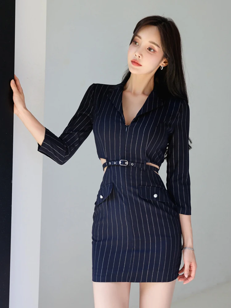 Elegant Fashionable Skinny Dress Women Korean Professional Chic Stripes Hollow Belt Mini Gown Femme Office Lady Club Vesitdos
Elegant Fashionable Skinny Dress Women Korean Professional Chic Stripes Hollow Belt Mini Gown Femme Office Lady Club Vesitdos