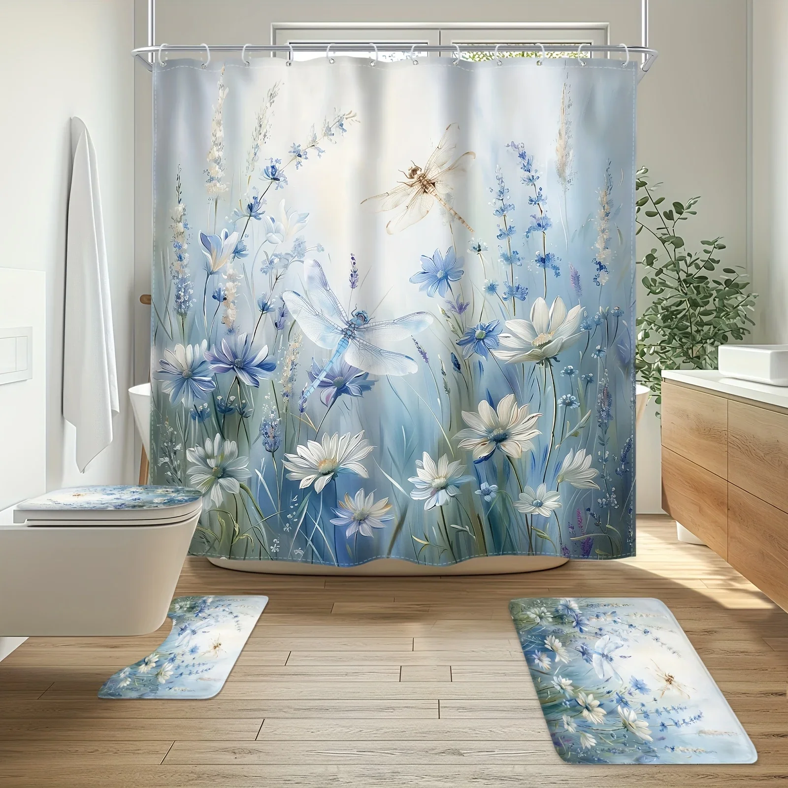 Набор из 4 предметов — Набор занавесок для душа с цветочным рисунком Blue Dragonfly (с крючками), нескользящий коврик для ванной, U-образный коврик для унитаза, коврик для сиденья для унитаза
Набор из 4 предметов — Набор занавесок для душа с цветочным рисунком Blue Dragonfly (с крючками), нескользящий коврик для ванной, U-образный коврик для унитаза, коврик для сиденья для унитаза