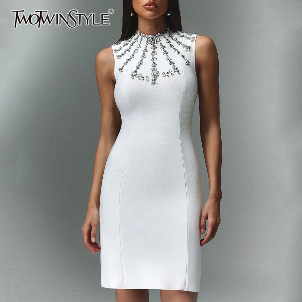 TWOTWINSTYLE Solid Slimming Elegant Dresses for Women Round Neck Sleeveless Patchwork Bead Luxurious Dress Female Clothing New
TWOTWINSTYLE Solid Slimming Elegant Dresses for Women Round Neck Sleeveless Patchwork Bead Luxurious Dress Female Clothing New