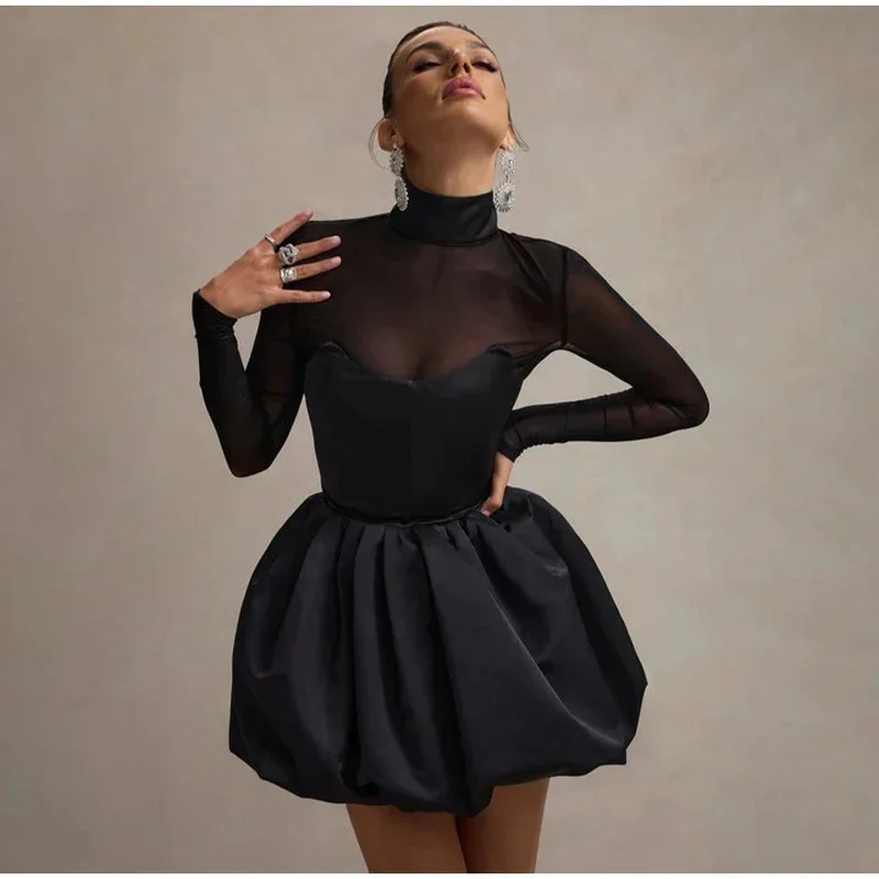 Sexy See Through Mini Dress Women Turtleneck Full Sleeve Slim A Line Dresses Female 2024 Autumn Fashion Evening Party Lady Robes
Sexy See Through Mini Dress Women Turtleneck Full Sleeve Slim A Line Dresses Female 2024 Autumn Fashion Evening Party Lady Robes