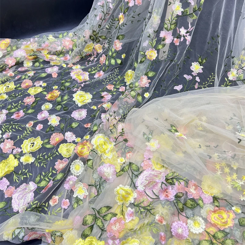 1 ярд 3D сетчатая ткань с розовой вышивкой, осенняя растительная ткань для вечернего платья, одежда, ручная работа, ткань для платья «сделай сам», ширина 130 см