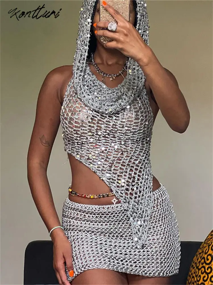 Kontturi Summer Sexy Knit Hollow Outfits For Women Club 2023 Sleeveless Hooded Backless Crop Top Silver Mini Skirt Matching Sets
Kontturi Summer Sexy Knit Hollow Outfits For Women Club 2023 Sleeveless Hooded Backless Crop Top Silver Mini Skirt Matching Sets