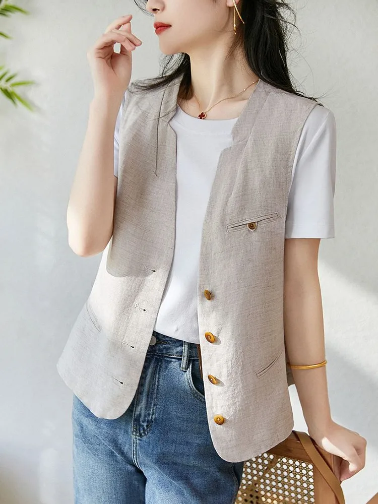 Linen V-neck Vest Women's Style Summer Thin Fashionable Inner Wear Layered Vest Jacket Top Button Design Pure Color
Linen V-neck Vest Women's Style Summer Thin Fashionable Inner Wear Layered Vest Jacket Top Button Design Pure Color
