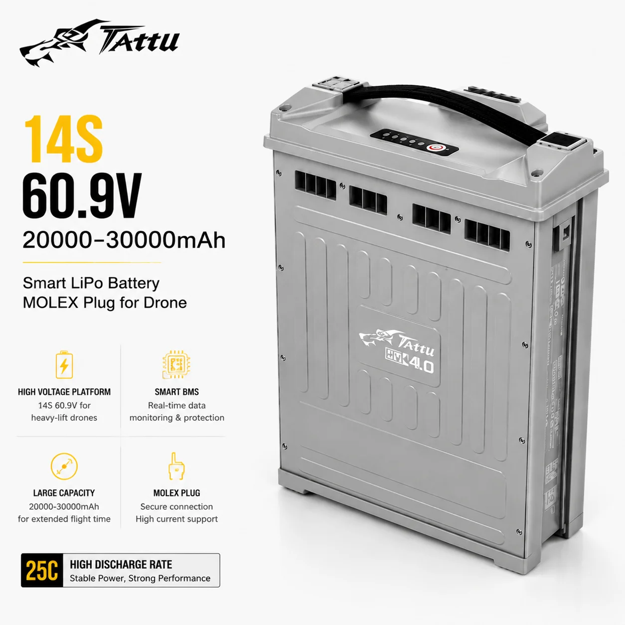 TATTU 4.0 HV 14S 60.9V 20000-30000mAh 25C Smart LiPo Battery MOLEX Plug for Drone
TATTU 4.0 HV 14S 60.9V 20000-30000mAh 25C Smart LiPo Battery MOLEX Plug for Drone