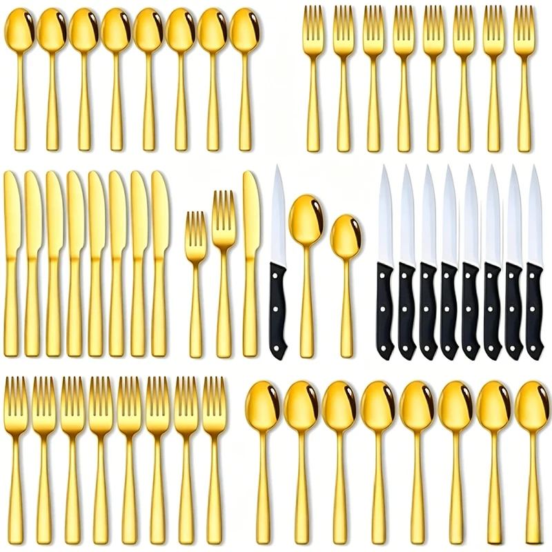 48PC Golden Stainless Steel Tableware Set, Mirror Polished Family Hotel Knife Fork Spoon Set, Comes with Gift Box, Durable, Mirror Polished, Washable in Dishwasher, Perfectly Suitable for Halloween, Parties, Weddings, Banquets.
48PC Golden Stainless Steel Tableware Set, Mirror Polished Family Hotel Knife Fork Spoon Set, Comes with Gift Box, Durable, Mirror Polished, Washable in Dishwasher, Perfectly Suitable for Halloween, Parties, Weddings, Banquets.