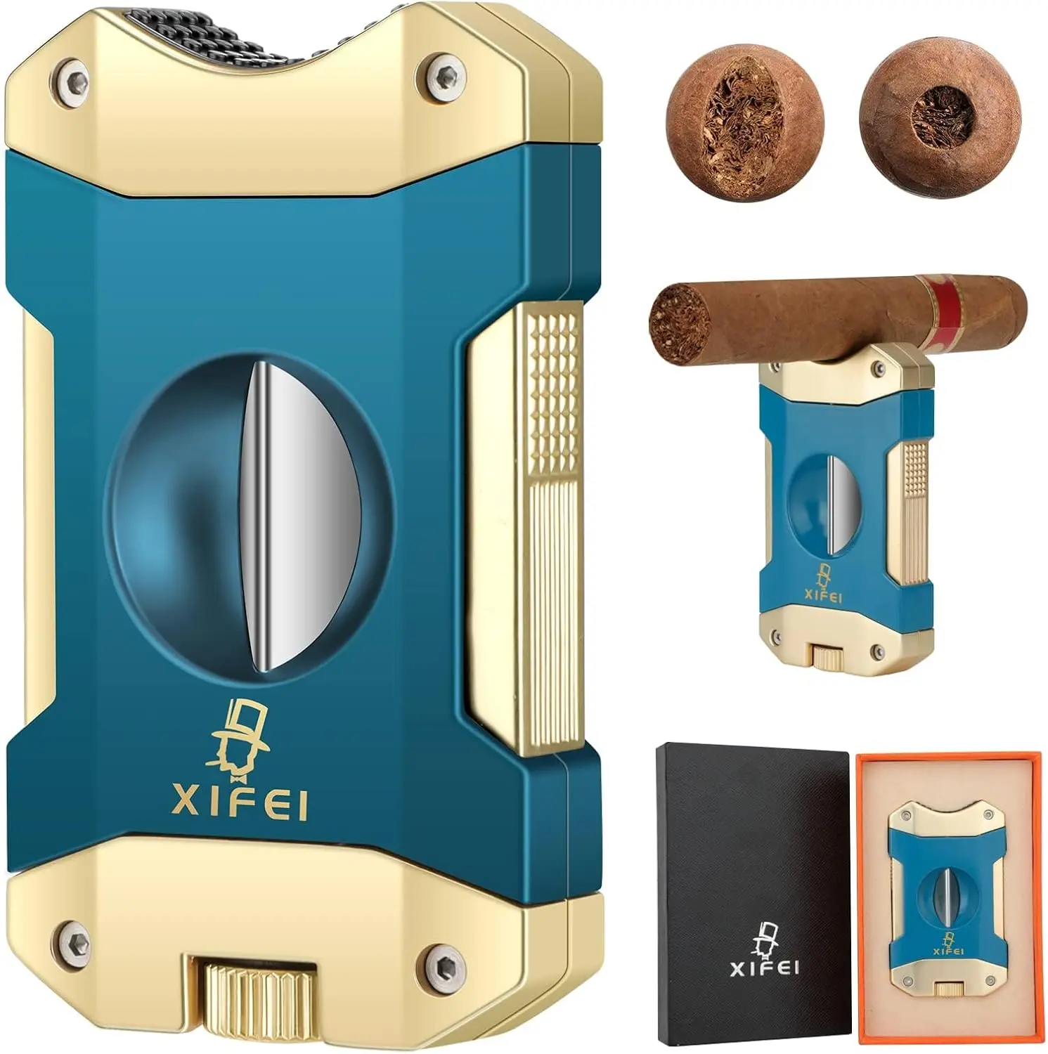 3 in 1 V-Cut Cigar Cutter with Punch & Stand, 440 Stainless Steel Blade, Up to 55 Ring Gauge, Portable, Blue Gold
3 in 1 V-Cut Cigar Cutter with Punch & Stand, 440 Stainless Steel Blade, Up to 55 Ring Gauge, Portable, Blue Gold