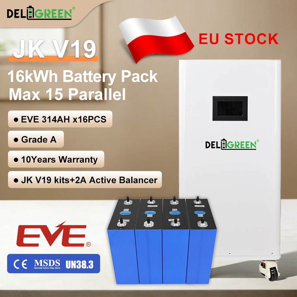 EU Stock EVE314 MB31 16kWh Lifepo4 Battery Grade A+ 8000 Cycles 48V JK V19 BMS Kits 2A Active Balancer CAN RS485 Solar VAT Free
EU Stock EVE314 MB31 16kWh Lifepo4 Battery Grade A+ 8000 Cycles 48V JK V19 BMS Kits 2A Active Balancer CAN RS485 Solar VAT Free