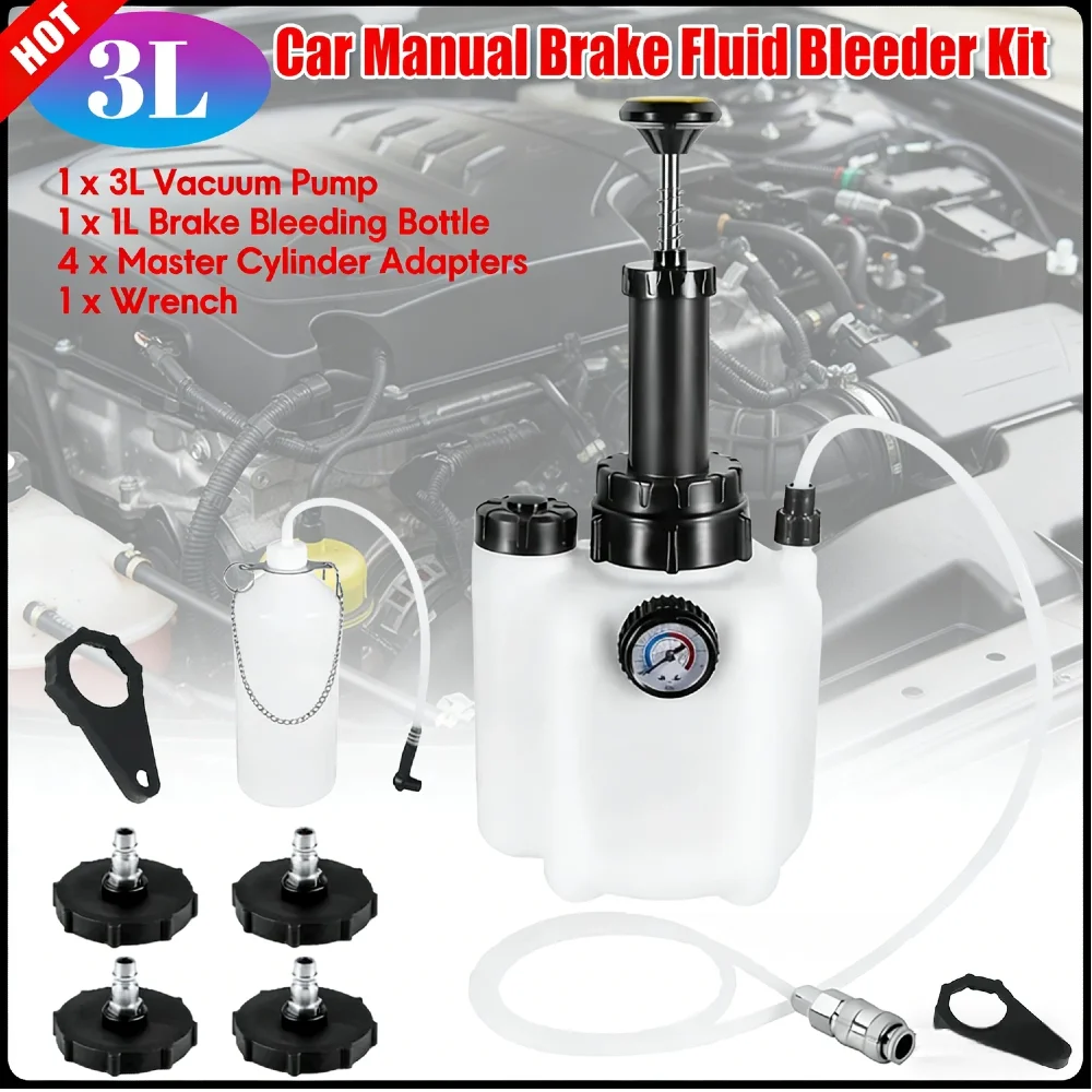 3L Car Brake Fluid Bleeder Kit Manual Operation W/1L Bottle 4 Adapters Hand-Free Chain Design Brake Flush Tool for Motorcycle Ca
3L Car Brake Fluid Bleeder Kit Manual Operation W/1L Bottle 4 Adapters Hand-Free Chain Design Brake Flush Tool for Motorcycle Ca