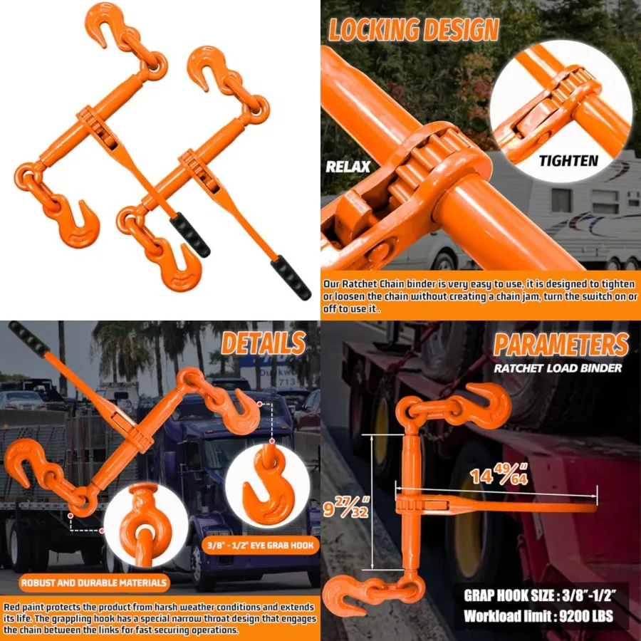 Ratchet Chain Binders 3/8" - 1/2" 2 Pack Adjustable Load Binder with 2 Grab Hooks for G70 Transport Chain 9, 200 Lbs Safe Worki
Ratchet Chain Binders 3/8" - 1/2" 2 Pack Adjustable Load Binder with 2 Grab Hooks for G70 Transport Chain 9, 200 Lbs Safe Worki