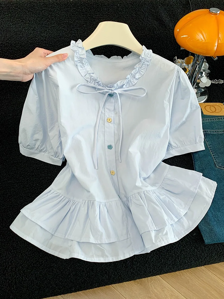 Blue Gentle Breeze Knot Short Sleeve Bubble Sleeve round Neck Commute Slimming Women's Shirt Summer Casual Cotton
Blue Gentle Breeze Knot Short Sleeve Bubble Sleeve round Neck Commute Slimming Women's Shirt Summer Casual Cotton