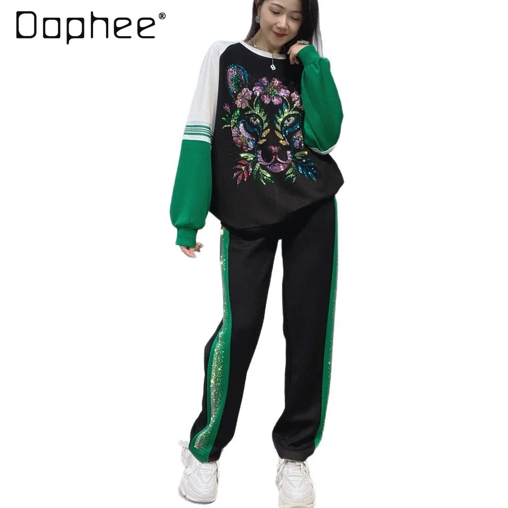 European Style Cartoon Pants Set for Women Round Neck Pullover Long Sleeve Sweatshirt and Pants Rhinestone Casual Two-Piece Set
European Style Cartoon Pants Set for Women Round Neck Pullover Long Sleeve Sweatshirt and Pants Rhinestone Casual Two-Piece Set