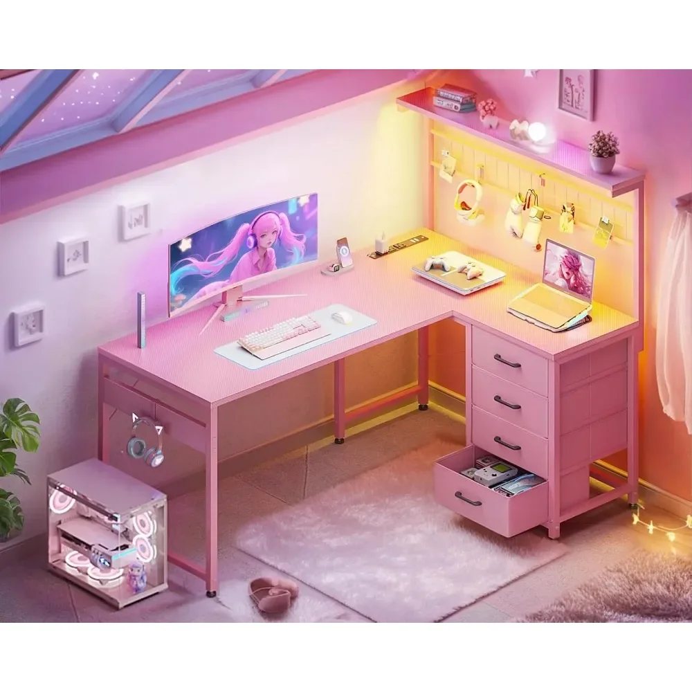 L Shaped Gaming Desk, 43' Reversible Computer Table, Drawers, LED Light, Power Outlet, Shelves, Hooks, Carbon Fiber Pink
L Shaped Gaming Desk, 43' Reversible Computer Table, Drawers, LED Light, Power Outlet, Shelves, Hooks, Carbon Fiber Pink