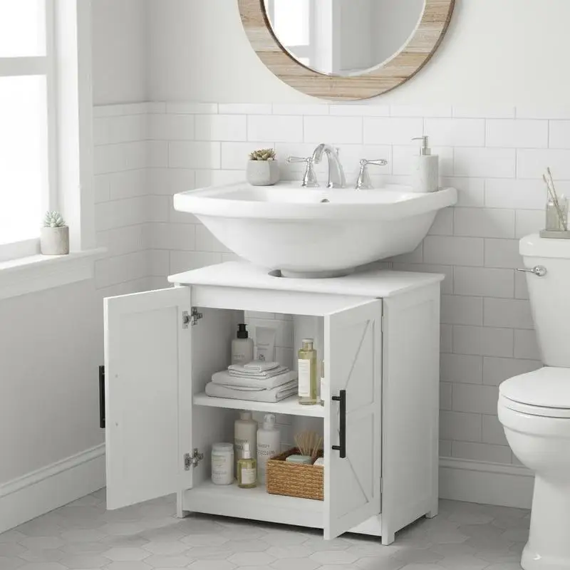 Farmhouse Pedestal Sink Storage Cabinet, Bathroom Sink Cabinet with 2 Barn Doors and Adjustable Shelf, White
Farmhouse Pedestal Sink Storage Cabinet, Bathroom Sink Cabinet with 2 Barn Doors and Adjustable Shelf, White