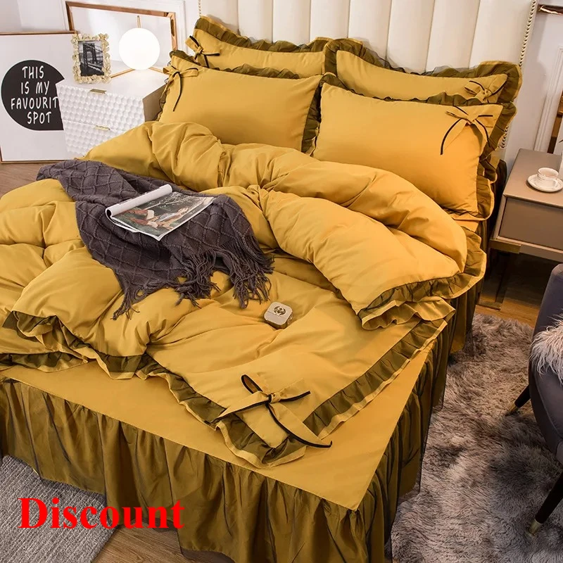 New Korean version lace washed four-piece set solid color lace bed skirt bedding quilt cover kit
New Korean version lace washed four-piece set solid color lace bed skirt bedding quilt cover kit