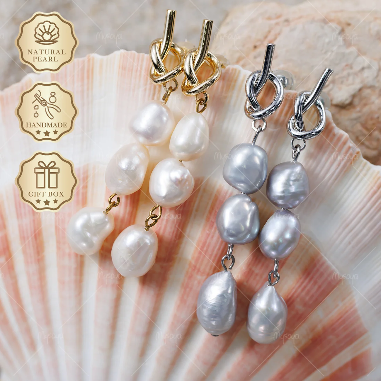 MYSOYA 8-9mm White Gray Baroque Pearl Stud Earrings Gold/Silver Knot Studs, Gift Box, Wedding Jewelry S475
MYSOYA 8-9mm White Gray Baroque Pearl Stud Earrings Gold/Silver Knot Studs, Gift Box, Wedding Jewelry S475