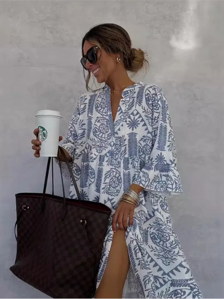 Women Casual 3/4 Flared Sleeve Loose Party Dress Autumn Casual Pleat Dress Vintage Pattern Print V-Neck pleated Dress Female
Women Casual 3/4 Flared Sleeve Loose Party Dress Autumn Casual Pleat Dress Vintage Pattern Print V-Neck pleated Dress Female