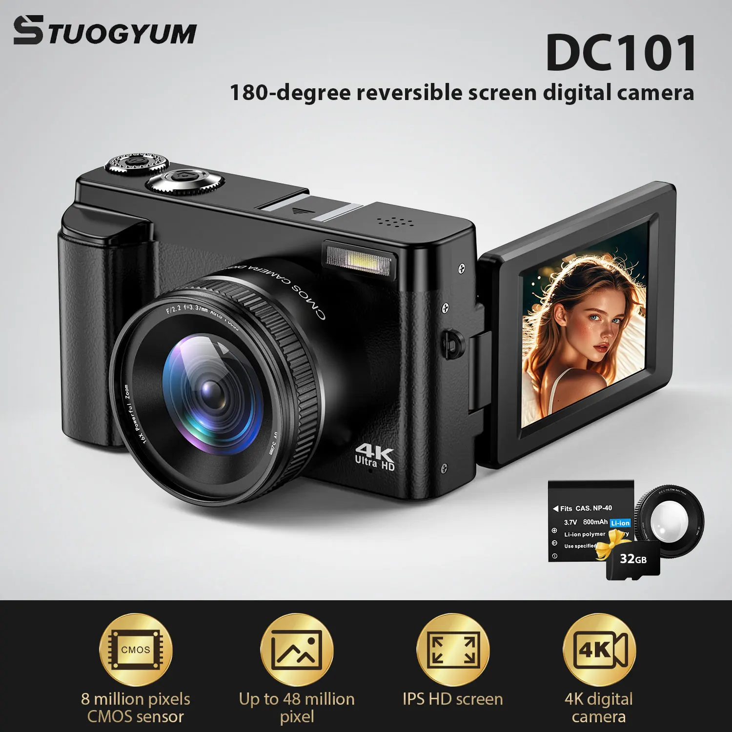 Камера для видеоблогов STUOGYUM 4K, цифровая камера 48 МП для фотографии с автофокусом, 3,0-дюймовым сенсорным экраном, раскладной экран 180 градусов
Камера для видеоблогов STUOGYUM 4K, цифровая камера 48 МП для фотографии с автофокусом, 3,0-дюймовым сенсорным экраном, раскладной экран 180 градусов