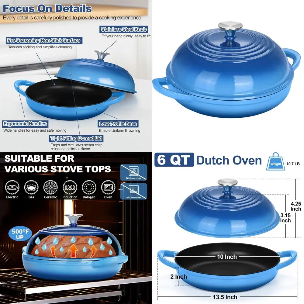 Enameled Cast Iron 6 Qt Dutch Oven with Tall Dome Lid for Perfect Sourdough Bread, Self-Basting, Even Heating, Heavy-Duty, Non-s
Enameled Cast Iron 6 Qt Dutch Oven with Tall Dome Lid for Perfect Sourdough Bread, Self-Basting, Even Heating, Heavy-Duty, Non-s