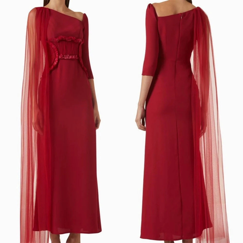 Customized Elegant Red Jersey Evening Dress Temperament Crew Neck One Shoulder 3/4 Sleeves Ruched Crystal Zipper Back Robe de s
Customized Elegant Red Jersey Evening Dress Temperament Crew Neck One Shoulder 3/4 Sleeves Ruched Crystal Zipper Back Robe de s