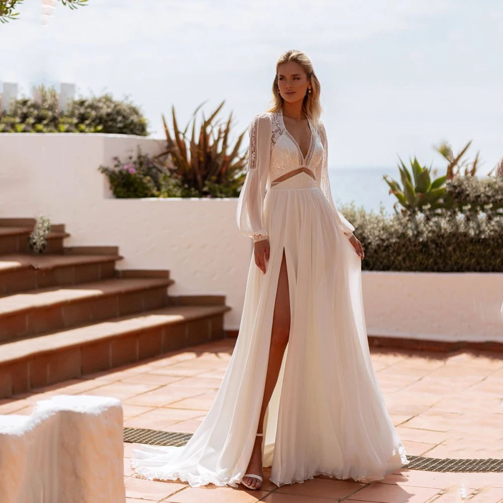 Chiffon Wedding Dress for Woman Bride Puff Sleeve Side Split Applique A-Line Sweep Train Bridal Gown Vestido Noiva Customized
Chiffon Wedding Dress for Woman Bride Puff Sleeve Side Split Applique A-Line Sweep Train Bridal Gown Vestido Noiva Customized