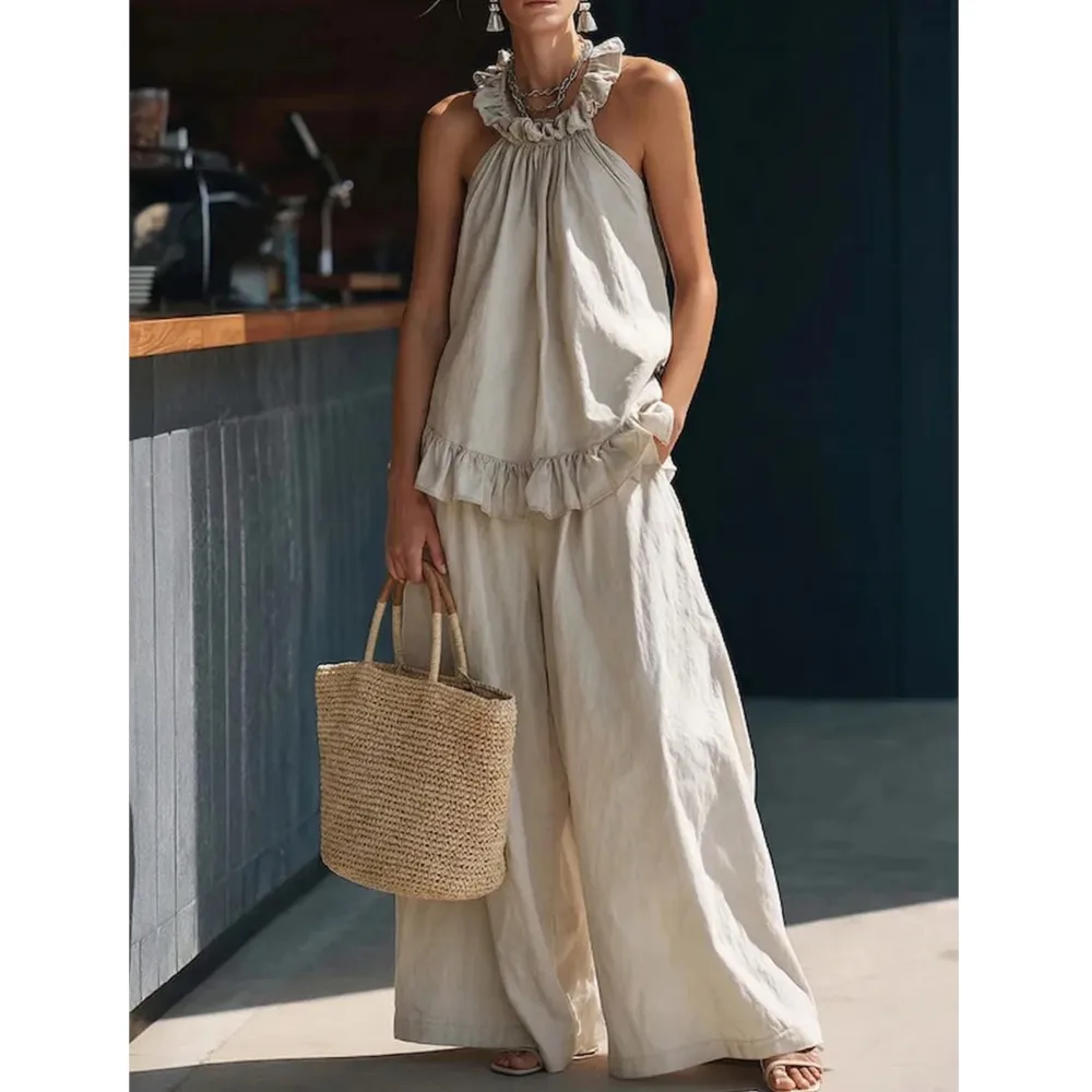 Lace Halterneck Vest Cotton Linen Retro Trousers 2-piece Set Summer Women's New High-waisted Loose Casual Wide-leg Pants Suit
Lace Halterneck Vest Cotton Linen Retro Trousers 2-piece Set Summer Women's New High-waisted Loose Casual Wide-leg Pants Suit