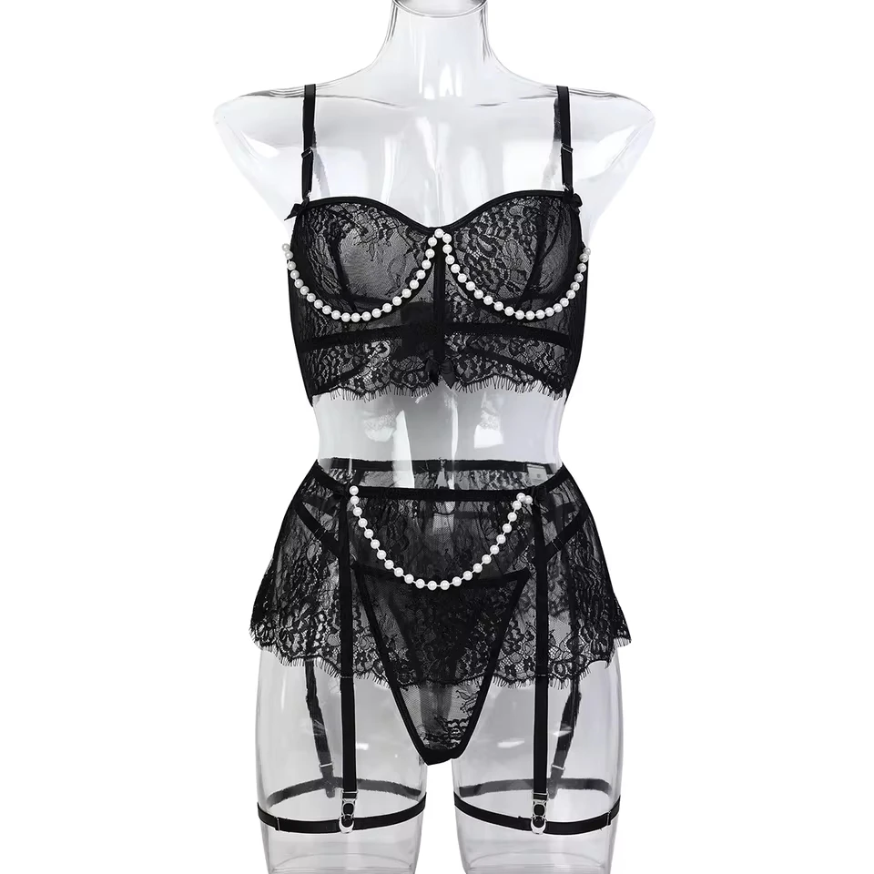 Sexy Erotic Womens Western Style Handmade Pearl 4 Piece Set Sensual See Through Lace Alluring Bowknot Attractive Breathable Set
Sexy Erotic Womens Western Style Handmade Pearl 4 Piece Set Sensual See Through Lace Alluring Bowknot Attractive Breathable Set