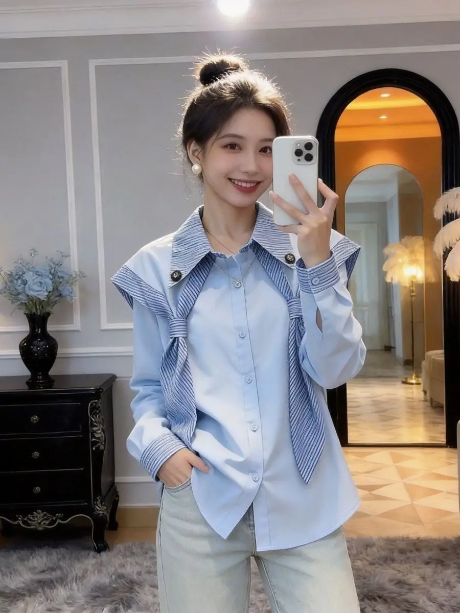 Blue Casual Shirt Women's Loose Fit Commute Style Long Sleeve Striped Design Spring 2026 Early Spring Open Cardigan
Blue Casual Shirt Women's Loose Fit Commute Style Long Sleeve Striped Design Spring 2026 Early Spring Open Cardigan