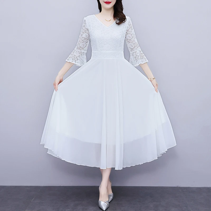 Summer New White Lace Chiffon Dress Slim Beach Vacation Long Dress V Neck Flare Sleeve Casual Women Dress
Summer New White Lace Chiffon Dress Slim Beach Vacation Long Dress V Neck Flare Sleeve Casual Women Dress