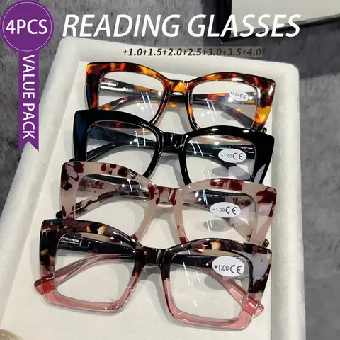4-Piece Set of Fashionable Tortoiseshell Frame Presbyopia Reading Glasses, Lightweight Presbyopia Reading Glasses for Middle-Age